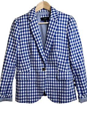 J. Crew Campbell Linen Blazer Gingham Plaid Check Blue White Old Money Preppy 10